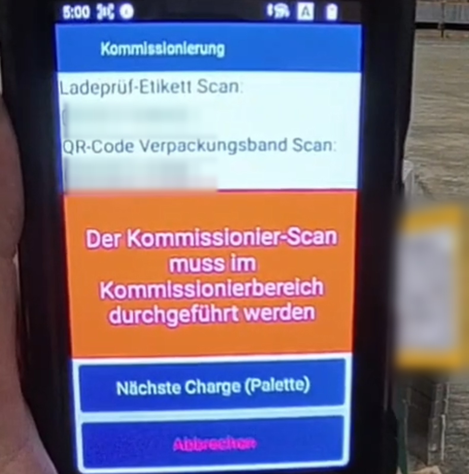 Track-&-Trace-App verweigert den Kommissionierscan mit dem Hinweis, dass der Scan im Kommissionierbereich durchgeführt werden muss